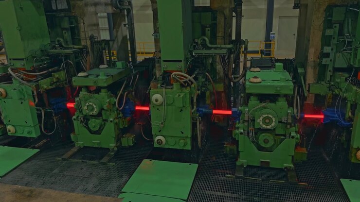 Pan shot of Molten steel passes through the machine rails to become bars