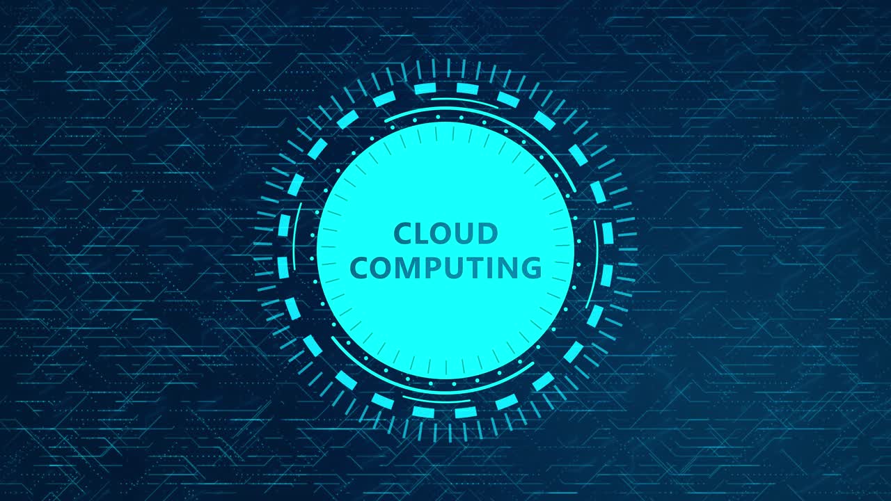 Futuristic Cloud Computing Concept with Rotating HUD Elements and Circuitry Design