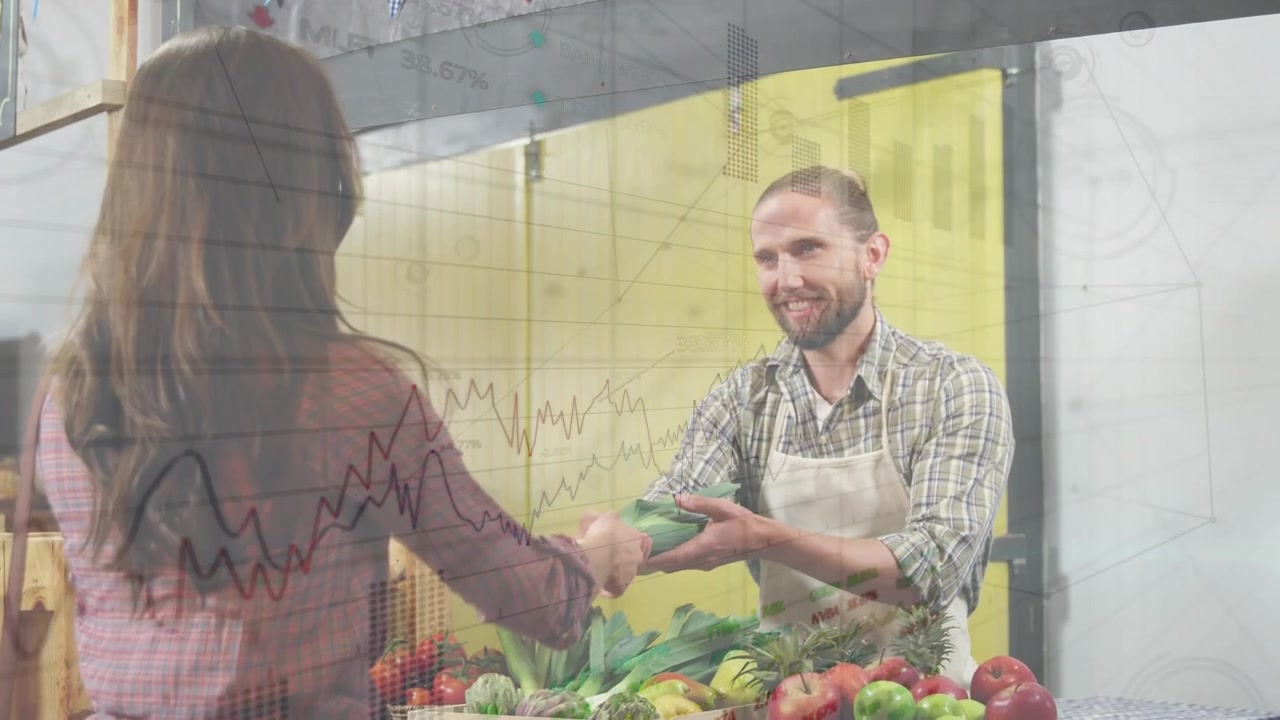Animazione di grafici finanziari su un felice venditore caucasico e una cliente in un negozio di alimentari