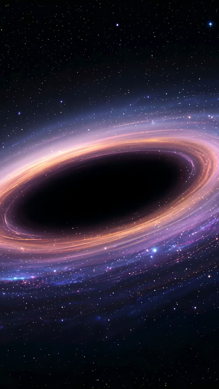 Vertical video: Event horizon fueling swirling accretion disk rotating around black hole in space