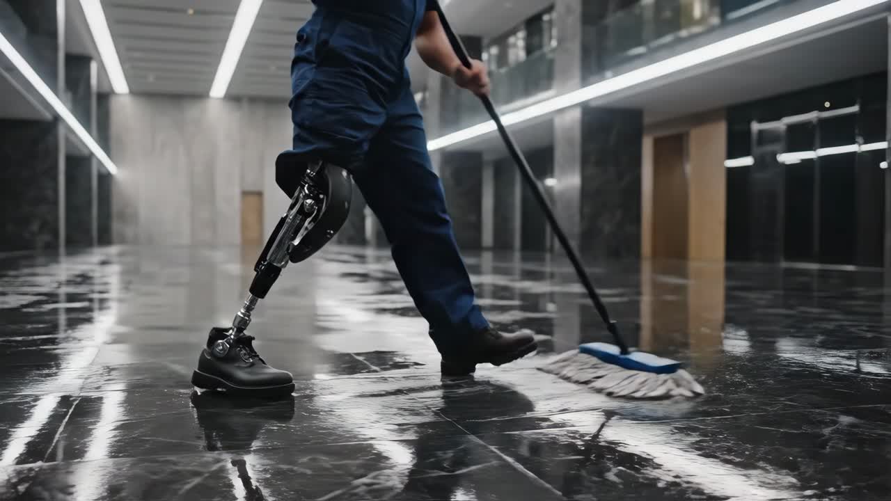 Janitor mopping a wet floor with a prosthetic leg