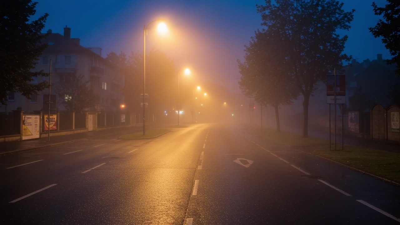 Foggy Street at Night with Glowing Streetlights