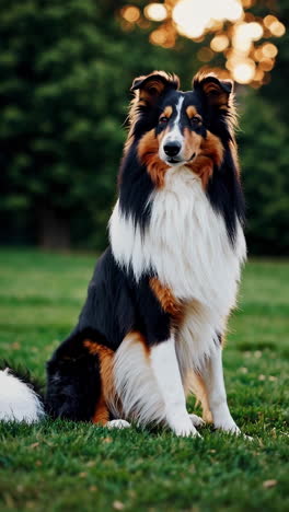 sheltie dog in a park at sunset