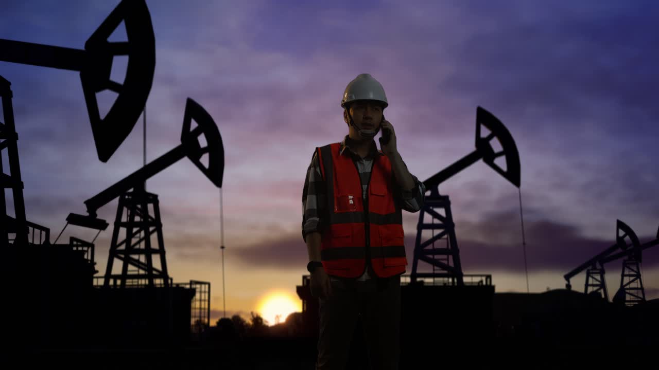ingeniero masculino asiático con casco de seguridad hablando en teléfono inteligente mientras está de pie frente a las bombas de aceite, durante la puesta o el amanecer