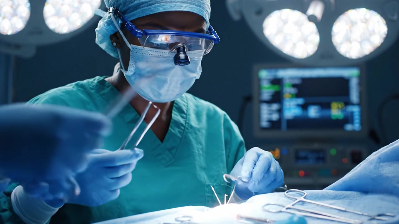 Surgeon Performing a Delicate Operation in an Operating Room with Surgical Instruments and Advanced Medical Technology Under Bright Lights