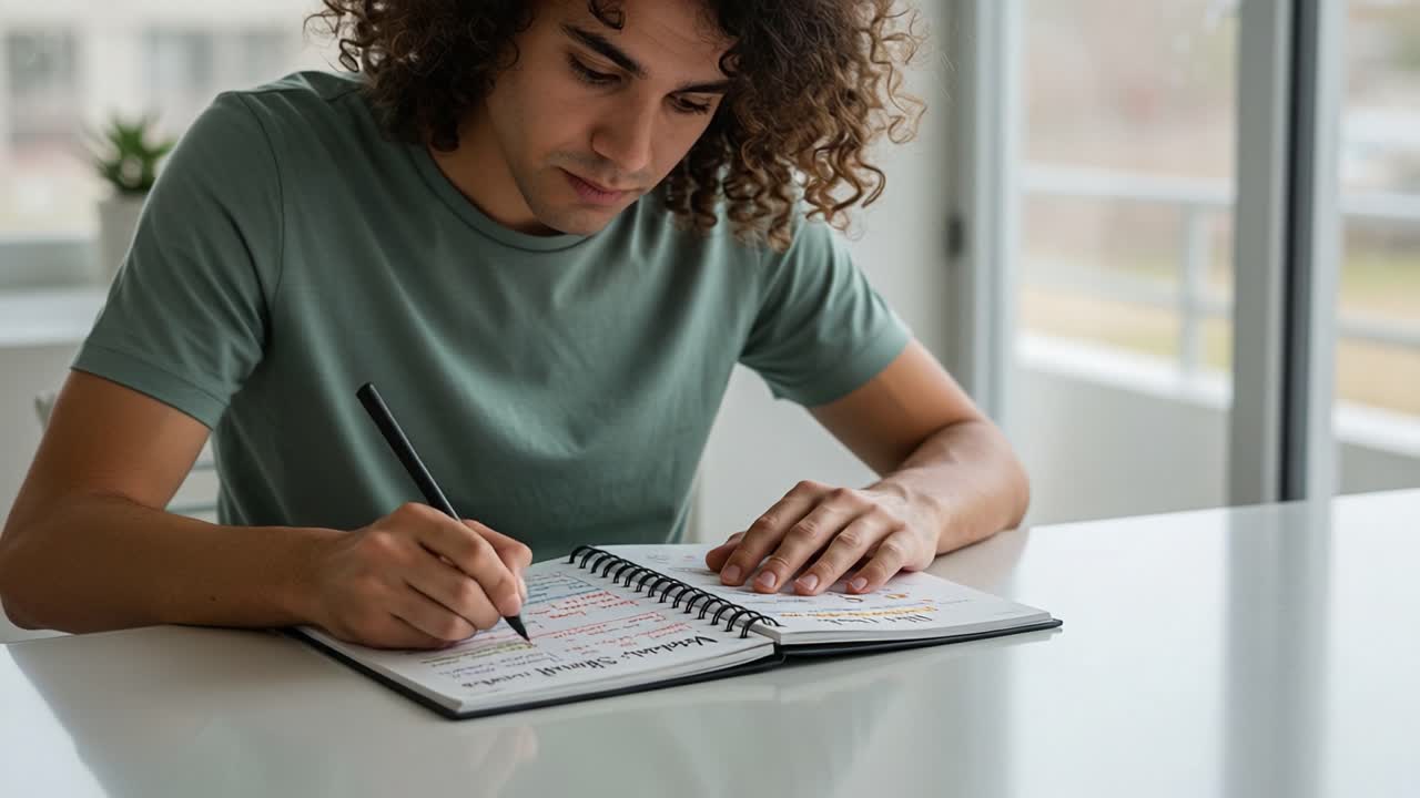 Focused Male Writer Engaged in Note-Taking and Creative Expression in a Bright Indoor Environment with a Notebook Full of Ideas and Information