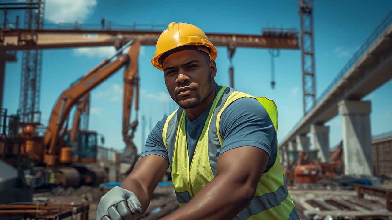 Entering frame worker tightening gloves while overseeing crane lowering beams at construction site