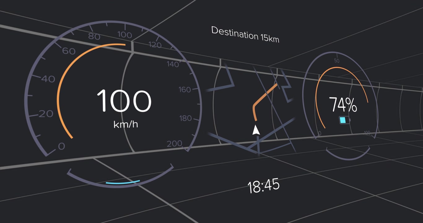 3D render HUD starting speed changing from 9 to 100 km or h then reversing for performance demo