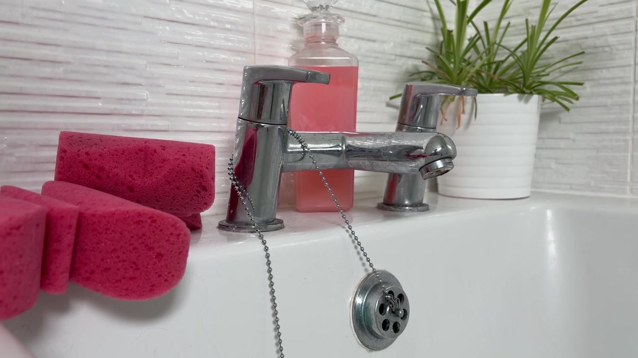 Vasca da bagno con pianta, asciugamano rosa e bagnoschiuma in bagno moderno.