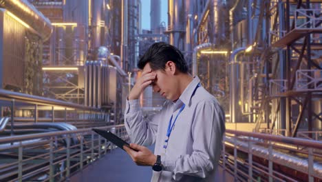 side view of an asian male professional worker standing with his tablet at a vast oil refinery, checking with dissapionted and nodding his head
