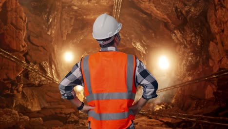 back view of a male engineer wearing safety helmet looking around while standing with arms akimbo in underground mine tunnel
