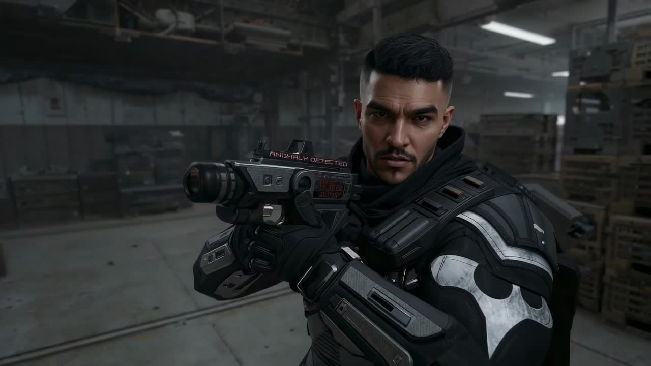 Scanning armored operative aiming futuristic rifle in warehouse, lowering weapon and assessing