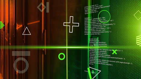 Animation-Rotierender-Formen,-Grüner-Scannerstrahlen-Zur-Datenverarbeitung-Und-Netzwerke-über-Einem-Serverraum