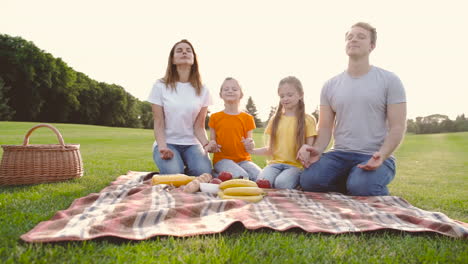 Happy-Parents-And-Daughters-With-Closed-Eyes-Kneeling-On-Meadow,-Holding-Hands-And-Meditating-During-A-Picnic-In-The-Park