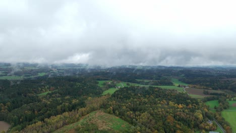 Vista-Panorámica-Del-Bosque-Cubierto-De-Niebla-Durante-El-Otoño---Disparo-De-Drones