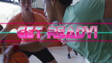 Animation-of-get-ready-text-with-diverse-basketball-players-at-gym