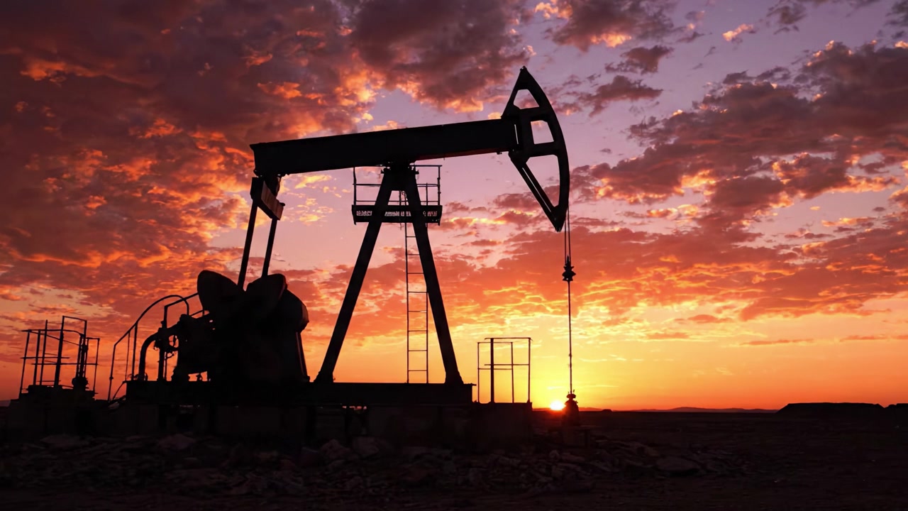 Silhouetted Oil Pump Jack Against a Beautiful Sunset Sky Reflecting Vivid Colors of Orange, Pink, and Purple, Capturing the Essence of Energy Extraction and Nature's Beauty