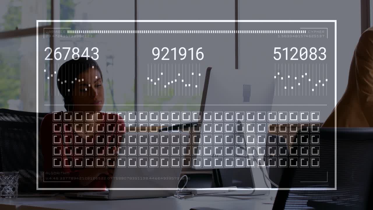 HUD appearing on update, numbers changing while woman typing, man walking across, overlay fading
