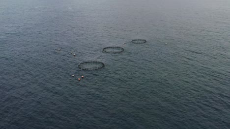 aerial dolly in shot toward sea fish farm, the offshore aquaculture and underwater cage at lambai island, xiaoliuqiu, pingtung county taiwan, asia