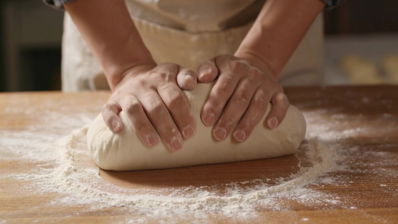 Panettiere con grembiule chiaro che piega la pagnotta per la lievitazione, dopo averla fatta atterrare sul bancone infarinato.