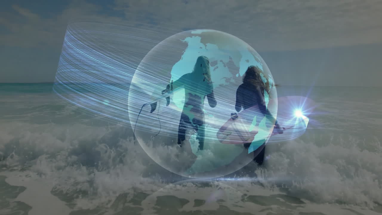 Two surfers running toward waves with boards in marketing, showing globe overlay and light streaks