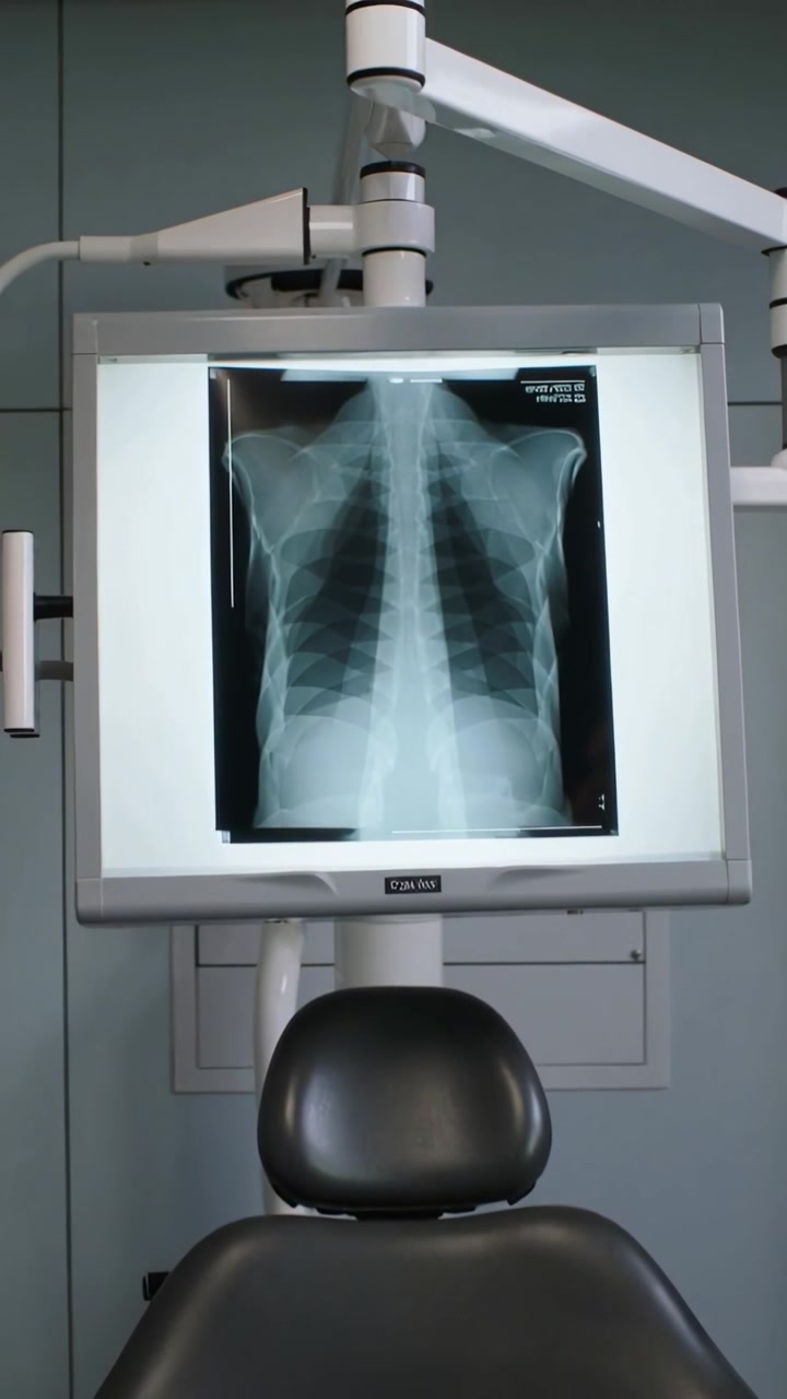 Vertical video: Pointing doctor in white coat placing hand on lit chest X-ray at clinic, explaining