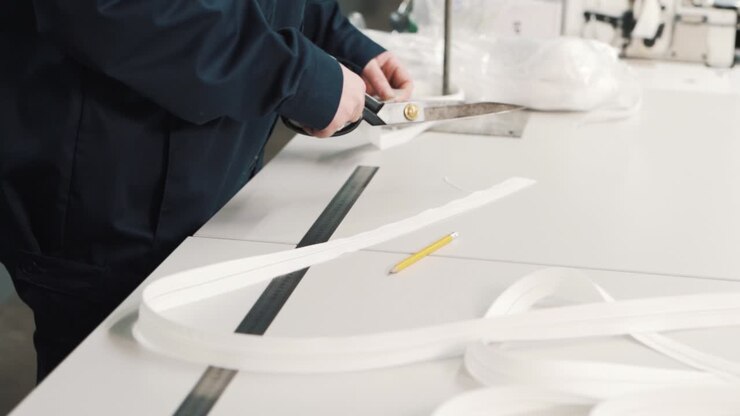 Primo piano delle mani di una donna che usano una matita e un righello per misurare e tagliare un nastro bianco in una fabbrica tessile