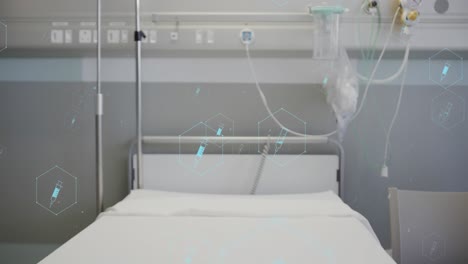animation of network of medical icons and data processing over hospital bed