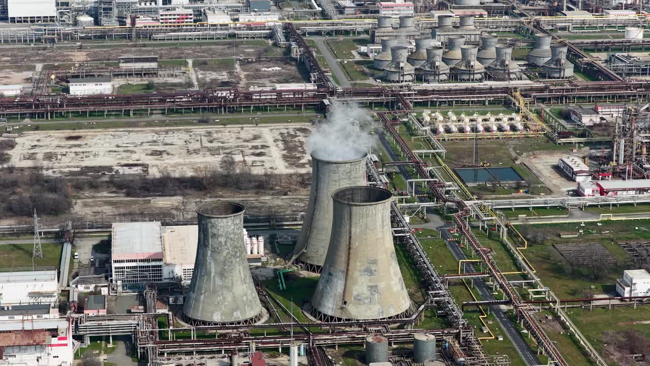 Vista aerea con drone di una raffineria di petrolio nell'Europa orientale, vicino a Burgas, Bulgaria.