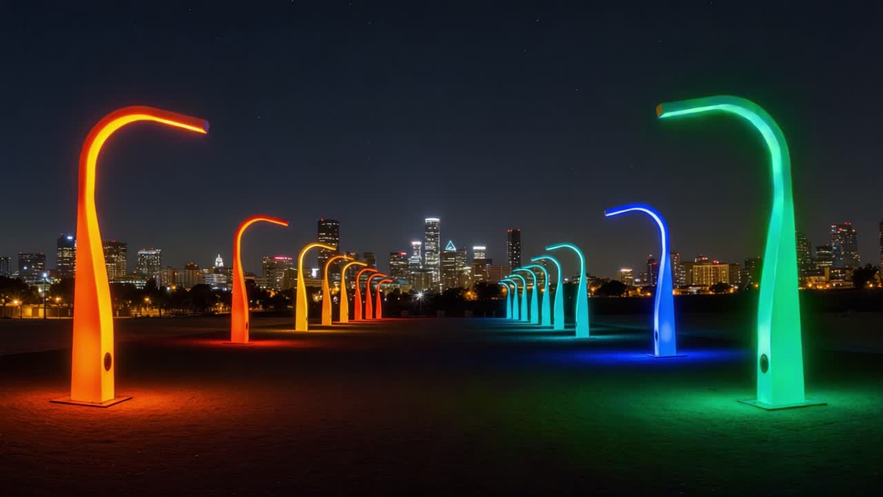 A Vibrant Display of Illuminated Sculptures Showcasing Colorful Light Patterns Against the Night Skyline of a Bustling City