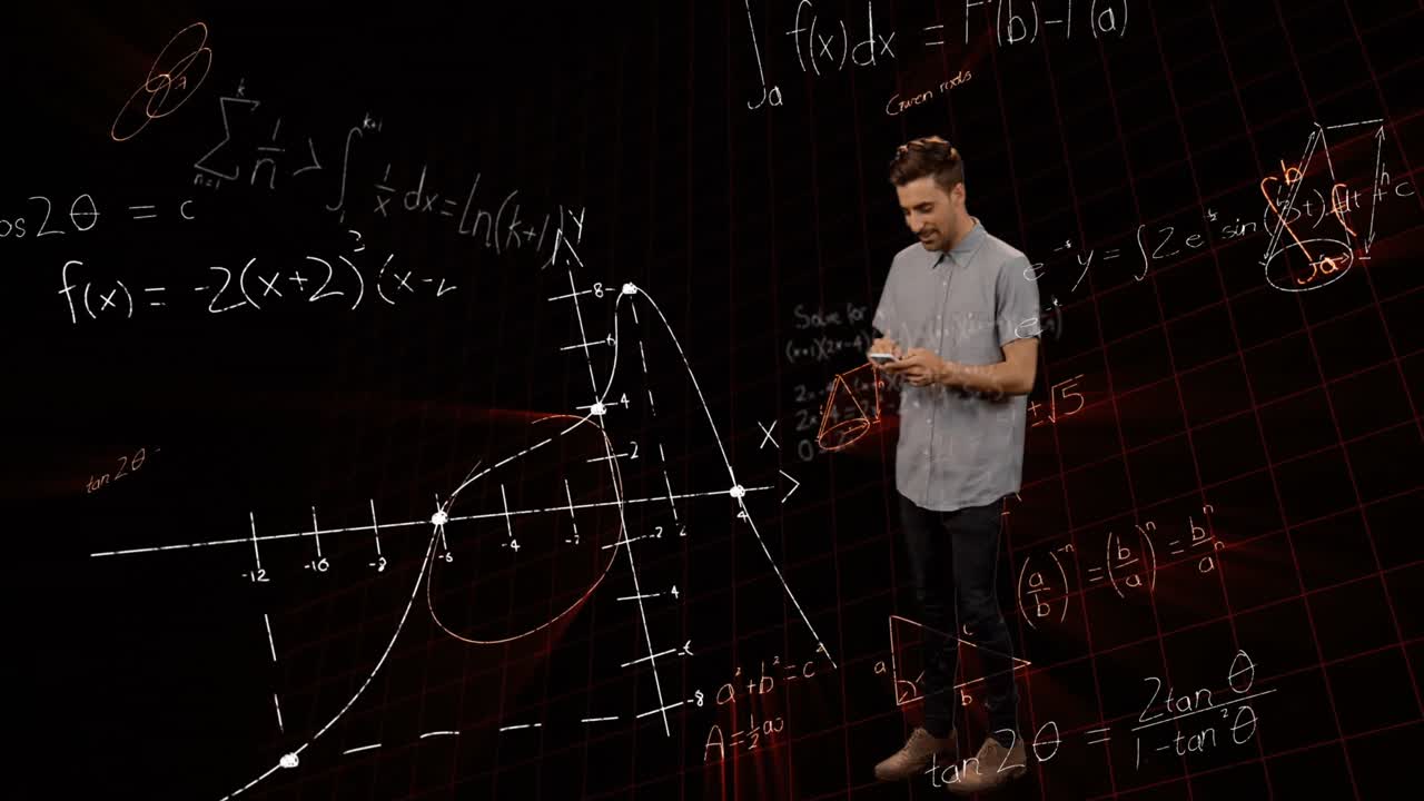 검은 바탕에 스마트 폰을 사용하는 백인 남성에 대해 떠다니는 수학 방정식