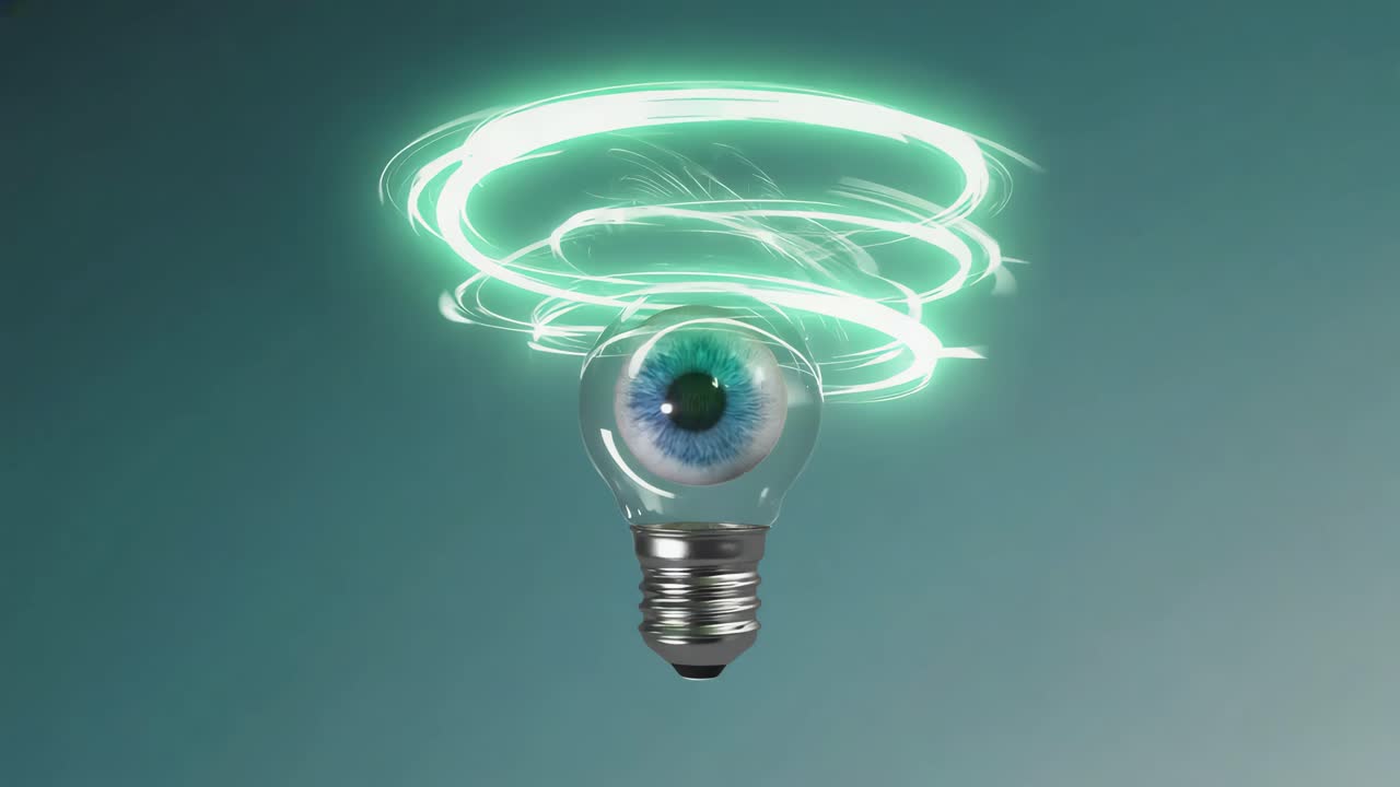 Eye in a Light Bulb with Swirling Green Light