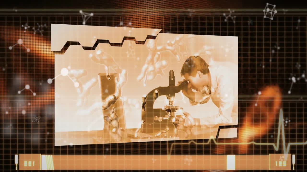 male scientist leaning over microscope in virtual lab, projecting holographic molecular models