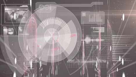 screens of network of connections against round scanner and digital interface with data processing
