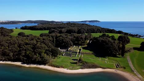 flight over ruins of ancient roman residential villa on desert brijuni island, croatia