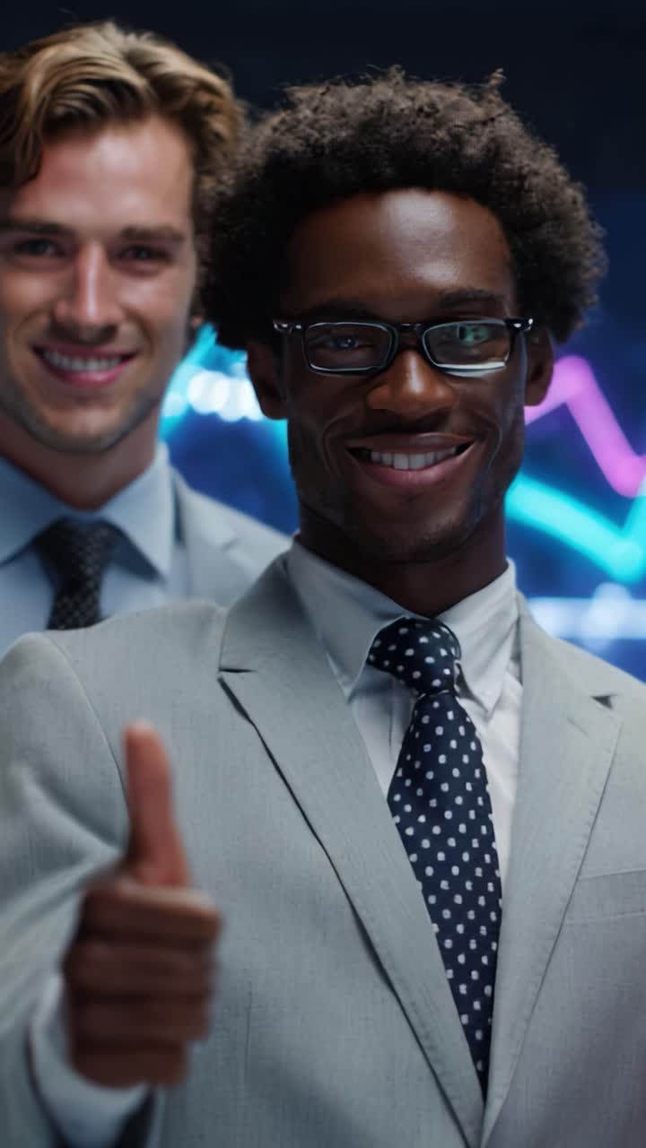 Two Confident Professionals in Suits Celebrating Success with Thumbs Up Gesture Against Background of Financial Charts and Graphs, Symbolizing Achievement and Teamwork