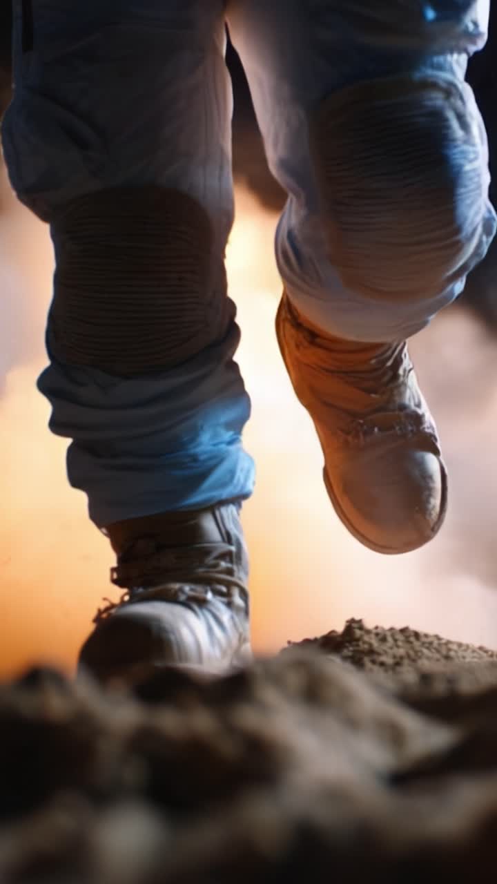 Exploring New Worlds: An Astronaut's Journey Through Dusty Terrain in a Space Mission With a Focus on Their Boots and Ground Contact