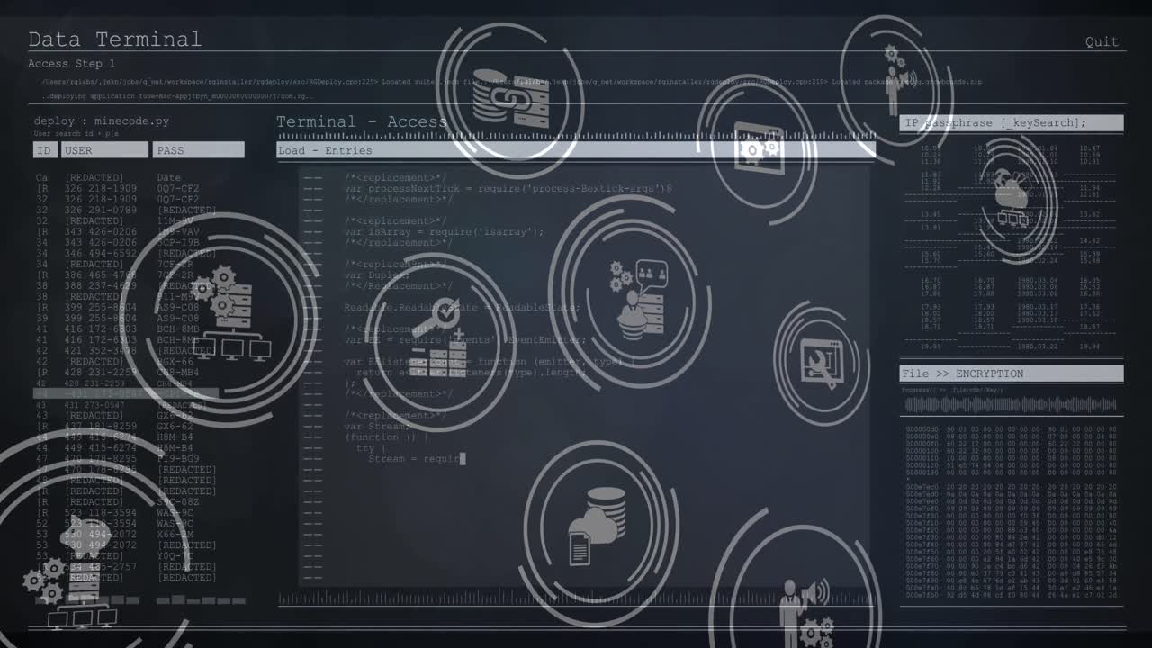 Animation of multiple digital icons and data processing against blue background