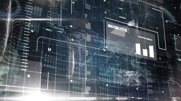 Digital interface with data processing against world map on blue background