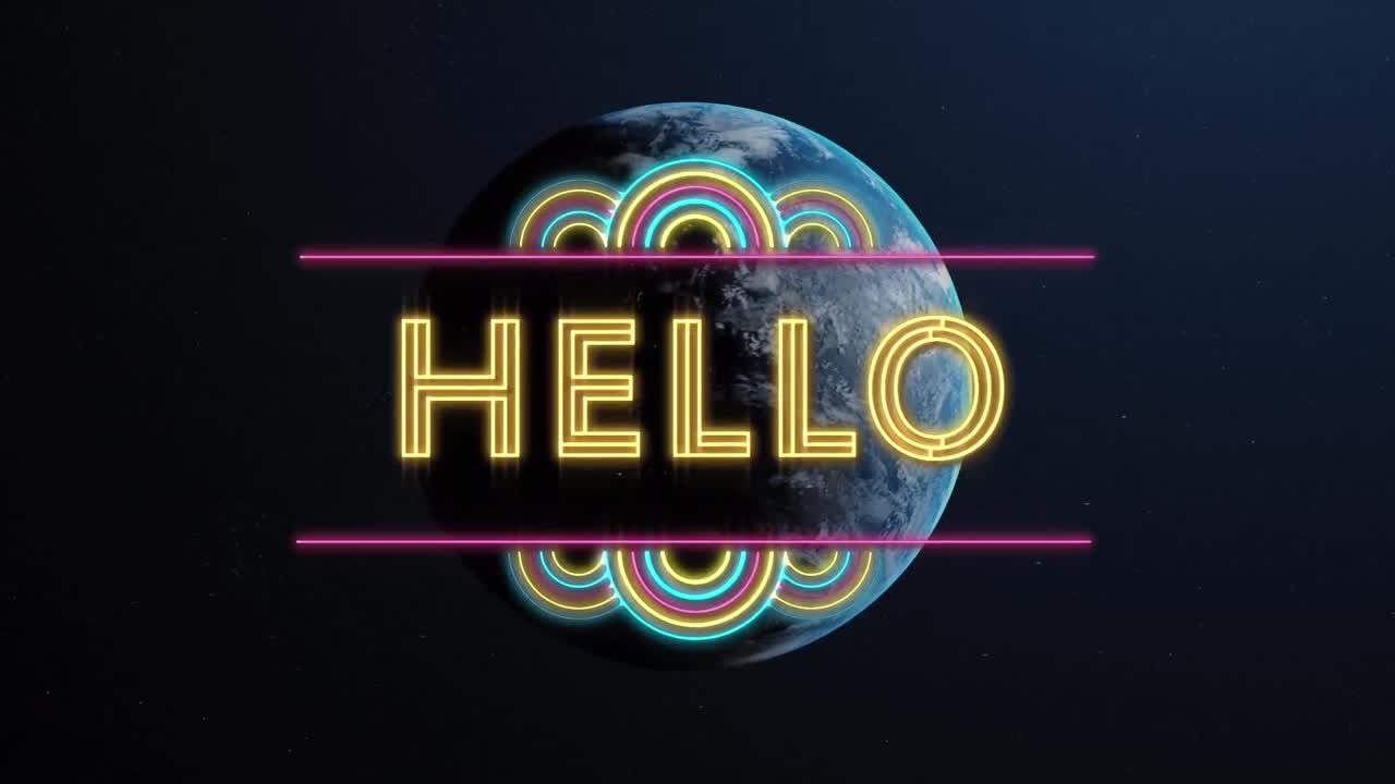 animación del texto de saludo sobre el globo sobre un fondo oscuro