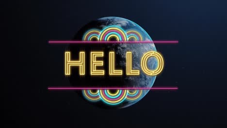 Animation-of-hello-text-over-globe-on-dark-background