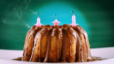 blown out birthday candles lighting by itself again on marble cake with chocolate nougat icing