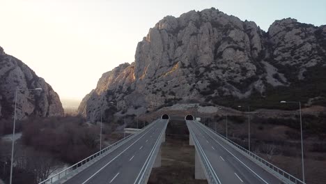 drone shot between two bridges on a river