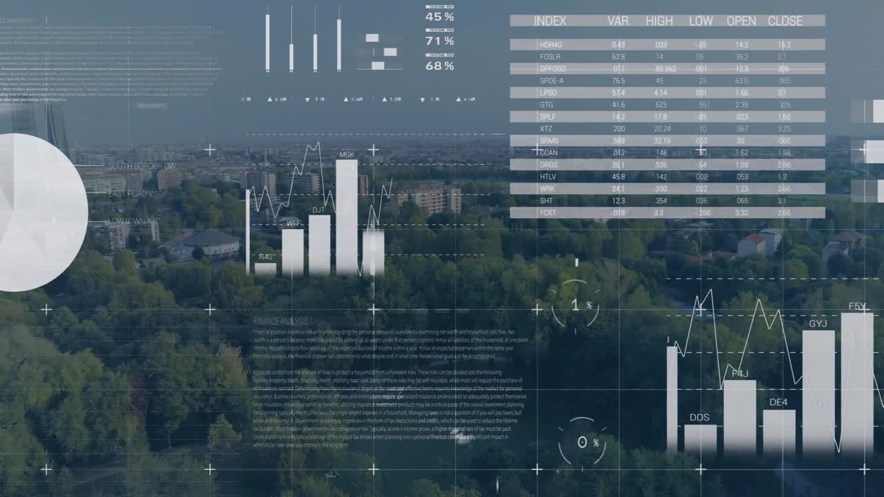 Opening aerial view over leafy skyline animating dashboard with gauges bars pies mapping trends