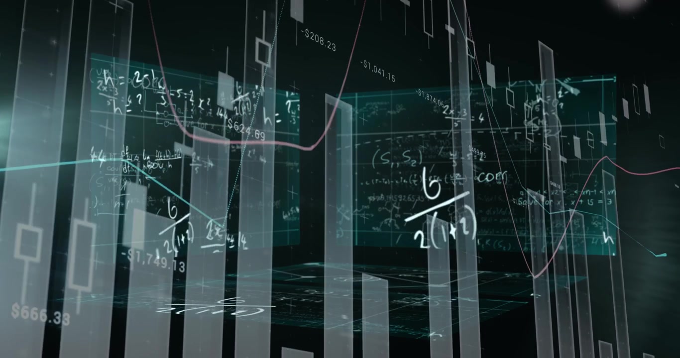 Animation of digital mathematical formulas on display screens with bar graphs moving in loop