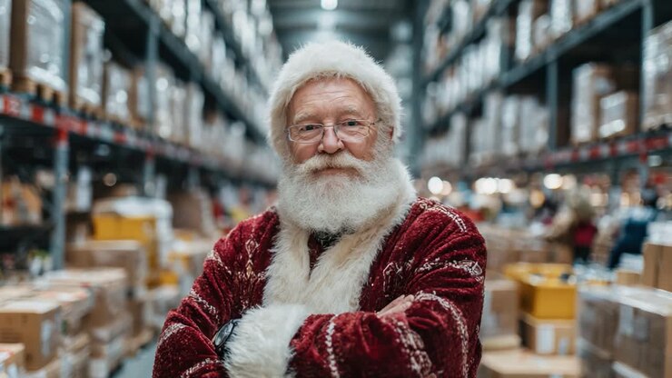 A Cheerful Santa Claus Engaging with Busy Warehouse Operations During the Holiday Season, Exuding Festive Spirit and Joy Amidst Holiday Preparations
