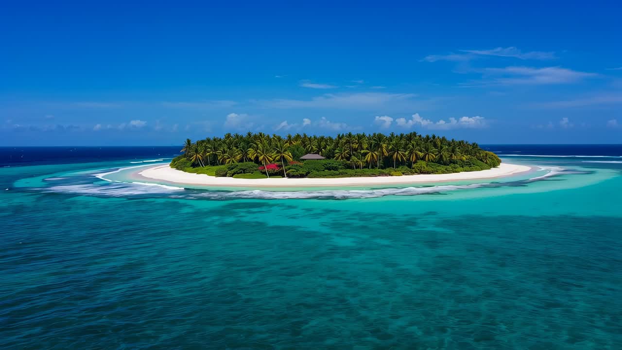 Moving aerial camera approaching compact tropical island, revealing reef, sandbars, red-roofed hut