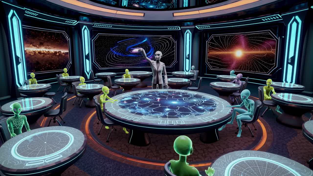 Extraterrestrial students attending an astronomy lesson in a futuristic classroom inside a spaceship, learning about galaxies and space exploration with interactive holographic tables