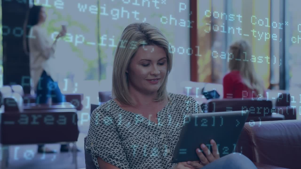 Animation of data processing over caucasian woman using tablet