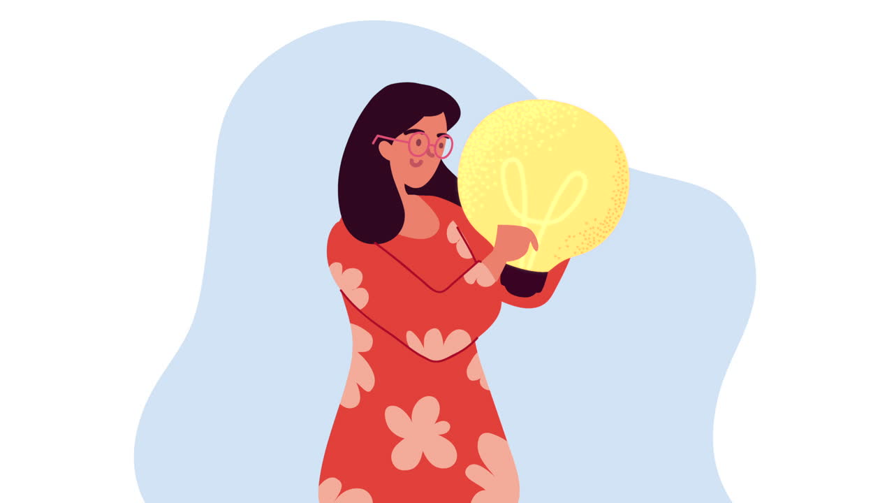 여자가 전구를 들어 올리는 캐릭터 애니메이션